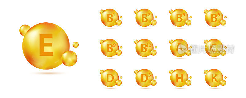 维生素黄金胶囊。集多种维生素复杂的图标。维生素A, B1, B2, B5, B6, B9, B12, C, D, D3, E, H, k多种维生素补充剂。必需维生素复合物。健康生活理念